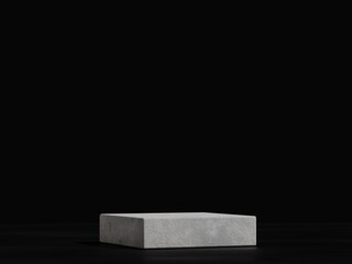 Minimal modern rock box pedestal for product showcase. Stand product mockup. Horizontal frame. Empty space. Dark black color. 3d render illustration