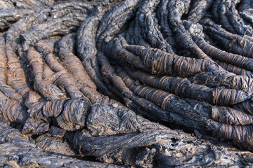 The frozen intertwined lava of the Kamchatka volcano, an alien landscape.