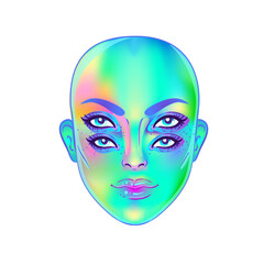Gothic witch girl head portrait with four eyes. Vector color illustration. Halloween costume idea, tattoo, weird, psychedelic art for print, posters, t-shirts and textiles.