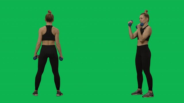 Young woman in sportswear does exercises with dumbbells. Hand workout, fitness for women. 2 in 1 Collage Front and side view full length on green screen background. Slow motion ready 59.94fps.