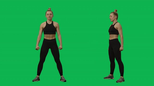 Young woman in sportswear doing squats. Workout for the buttocks, fitness for women. 2 in 1 Collage Front and side view full length on green screen background. Slow motion ready 59.94fps.