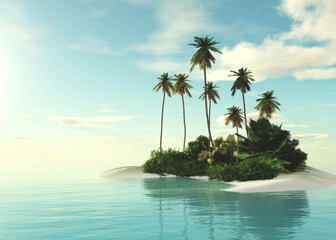 Beautiful tropical island with palm trees in the rays of the setting sun, ocean landscape with a tropical island with palm trees, palm trees on an island in the sea, 3D rendering - obrazy, fototapety, plakaty