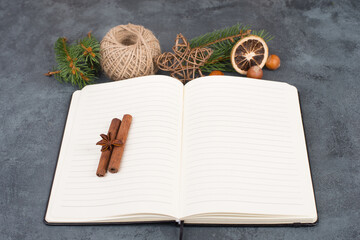 Empty notebook with christmas decoration, branch of fir, nuts, stars and spice