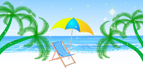Fototapeta na wymiar Tropical landscape. Palm trees, a sun lounger and a beach umbrella.