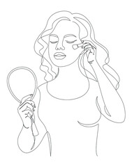 Silhouette of a lady. A woman does makeup, paints a blush in a modern style with one continuous line. Sketches for decor, posters, stickers, logo. Vector illustration.
