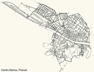 Detailed navigation urban street roads map on vintage beige background of the quarter Quartiere 1 Centro Storico district of the Italian regional capital city of Florence, Italy