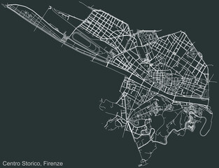 Detailed negative navigation urban street roads map on dark gray background of the quarter Quartiere 1 Centro Storico district of the Italian regional capital city of Florence, Italy