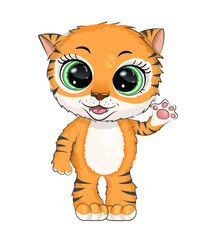 Small cute cartoon tiger cub waves his hand, isolated on a white background