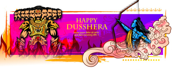 Greeting card of happy dusshera with bow and illustration of Lord Rama killing Ravana in Navratri Happy Dusshera festival of India(happy Vijayadashami). Vector illustration.