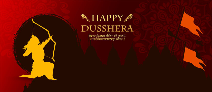 Greeting card of happy dusshera with bow and illustration of Lord Rama killing Ravana in Navratri Happy Dusshera festival of India(happy Vijayadashami). Vector illustration.
