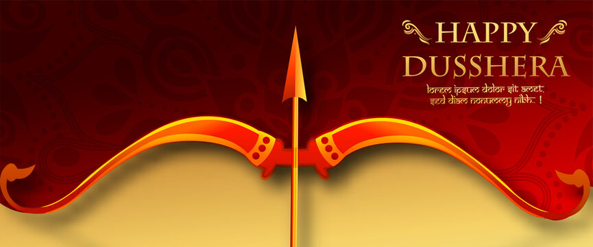 Greeting card of happy dusshera with bow and illustration of Lord Rama killing Ravana in Navratri Happy Dusshera festival of India(happy Vijayadashami). Vector illustration.