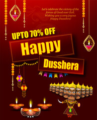 Fototapeta premium Greeting card of happy dusshera with bow and illustration of Lord Rama killing Ravana in Navratri Happy Dusshera festival of India(happy Vijayadashami). Vector illustration.