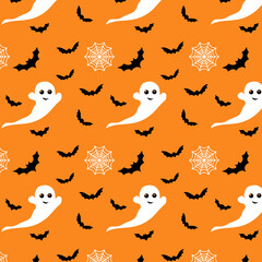 Halloween character seamless pattern with set of black bats and white spiderweb silhouettes and cute ghosts on orange background. Vector illustration for holiday cards, invitations, flyer, print.