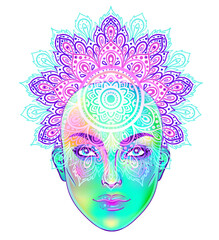 Gothic witch girl head portrait with green face and mandala. Vector color illustration. Halloween costume idea, tattoo, weird, psychedelic art for print, posters, t-shirts and textiles.