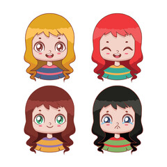 Collection of cute girl avatars with four different expressions and color schemes