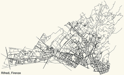 Detailed navigation urban street roads map on vintage beige background of the quarter Quartiere 5 Rifredi district of the Italian regional capital city of Florence, Italy