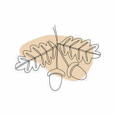 Continuous line art or One Line Drawing of branch with Leaves and acorns. Vector illustration.