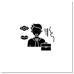 Non verbal communication glyph icon. Communicate using gestures, facial expressions, eye contact, postures. Effective communication concept.Filled flat sign. Isolated silhouette vector illustration