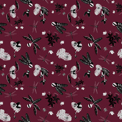 Violett Tropical Eden dragonfly seamless vector pattern 