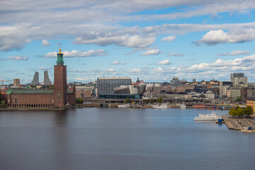 Fototapeta na wymiar Panoramic view of Gamla Stan, sea and Stockholm old town from Mariaberget Observation Deck