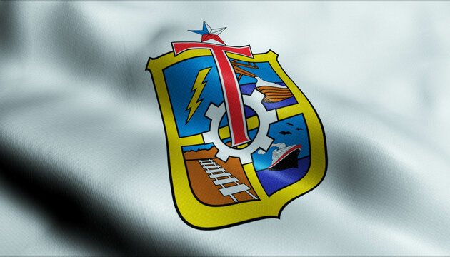 3D Waving Chile county Flag of Tocopilla Closeup View