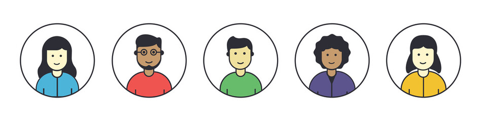 Five character avatar in circle line style including woman and man. Diversity avatar icon. 