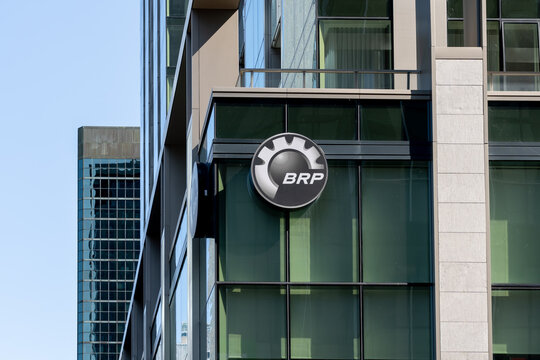 Montreal, QC, Canada - September 4, 2021:  Close up of brp
sign on their office building  in Montreal, QC, Canada. BRP is a Canadian manufacturer of snowmobiles. 
