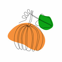 Continuous line art or One Line Drawing of pumpkin with leaf and with colored geometric shape. Vector illustration.