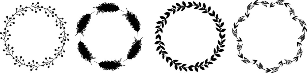wheat floral illustration set,  circular laurel foliate, wheat and oak wreaths depicting.  round frame on white background