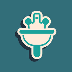 Green Washbasin with water tap icon isolated on green background. Long shadow style. Vector