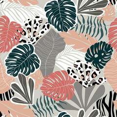 A contemporary collage with tropical leaves, simple shapes. Seamless pattern set. Modern exotic design for paper, cover, fabric, wallpaper, interior. Vector graphics.