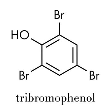 Tribromophenol (TBP, 2,4,6-Tribromophenol) molecule. Used as fungicide and wood preservative; Skeletal formula.
