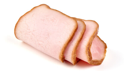 Smoked pork tenderloin, sliced ham, meat fillet, isolated on white background.