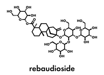 Rebaudioside A molecule. One of the main steviol glycosides found in stevia plants, used as sweetener. Skeletal formula.