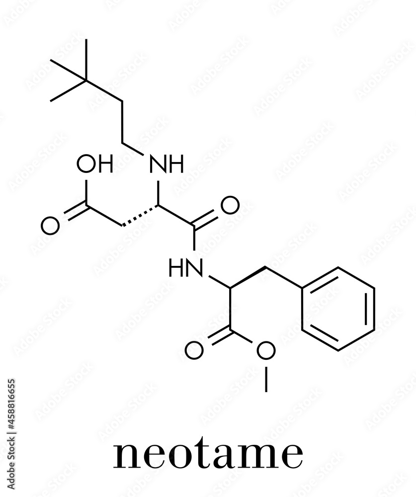 Poster neotame (e961) sugar substitute molecule. skeletal formula.