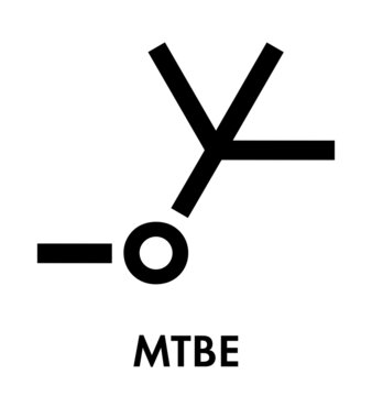 Methyl tert-butyl ether (MTBE, tBME) gasoline additive molecule. Skeletal formula.