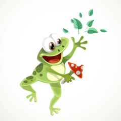 Cute cartoon frog with a fly agaric in one paw, jumps up and scatters leaves in the other isolated on a white background