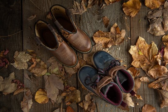 childrens boots on wooden floor with fall leaves