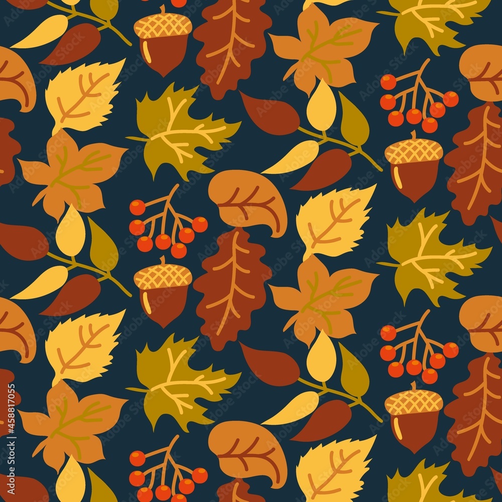 Poster abstract seamless autumn background with yellow and orange leaves on a dark background. vector autum