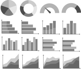 Grey scale vector of multiple business graphs and charts including bar and pie graphs. Finance, statistics, data. 