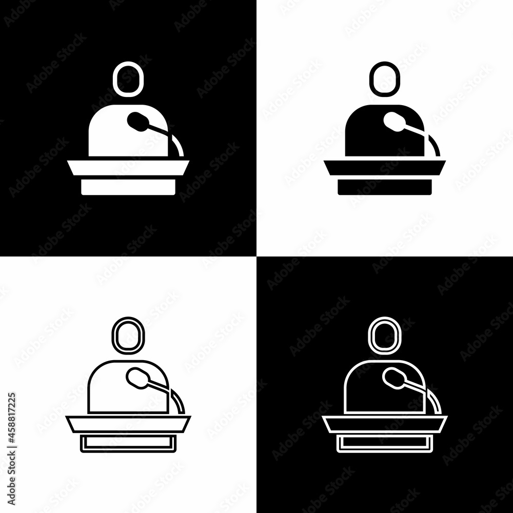 Poster set gives lecture icon isolated on black and white background. stand near podium. speak into microph