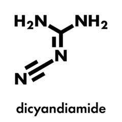 Dicyandiamide (2-cyanoguanidine, DCD) molecule. Used as fertilizer and in chemical synthesis. Skeletal formula.