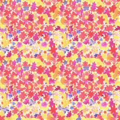 Seamless watercolor pattern with small pink, red, yellow flowers. Illustration for wallpapers, pattern, background, print, decor, design, textures, textiles, fabrics, templates
