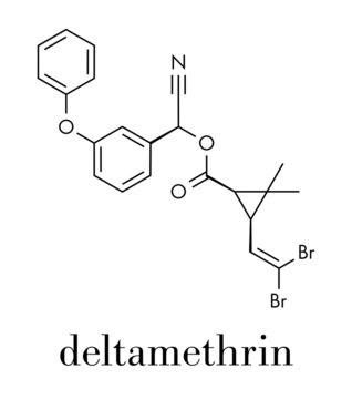 Deltamethrin insecticide molecule (synthetic pyrethroid). Skeletal formula.