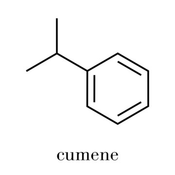 Cumene (isopropylbenzene) aromatic hydrocarbon molecule. Skeletal formula.