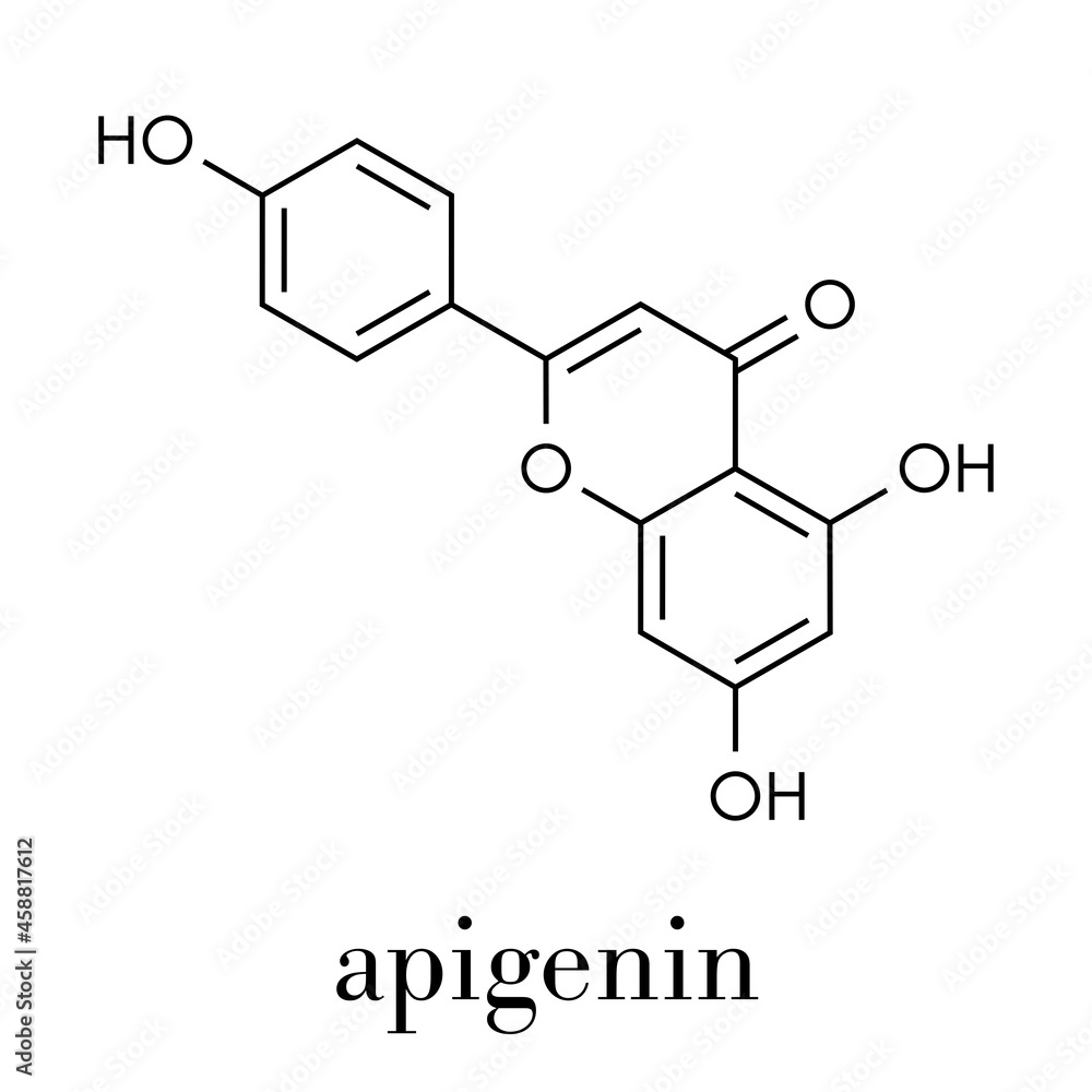 Sticker Apigenin yellow herbal dye molecule. Skeletal formula.