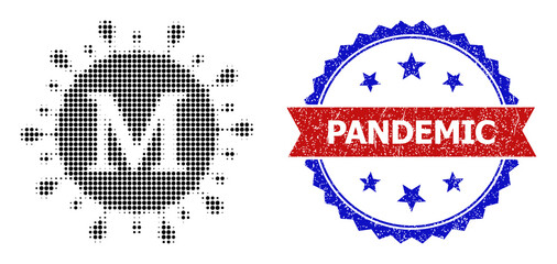 Halftone Mu coronavirus icon, and bicolor dirty Pandemic seal. Halftone Mu coronavirus icon is constructed with small circle items. Vector seal with scratched bicolored style,