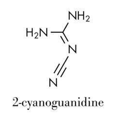 Dicyandiamide (2-cyanoguanidine, DCD) molecule. Used as fertilizer and in chemical synthesis. Skeletal formula.