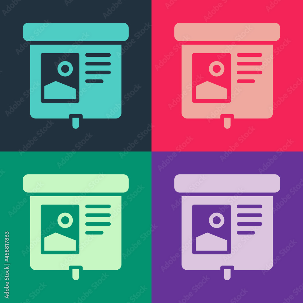 Poster pop art projection screen icon isolated on color background. business presentation visual content li