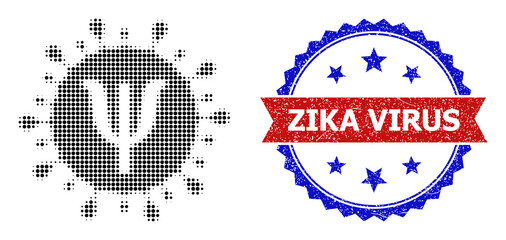 Halftone Psi virus strain icon, and bicolor unclean Zika Virus seal stamp. Halftone Psi virus strain icon is constructed with small spheric items. Vector imprint with unclean bicolored style,